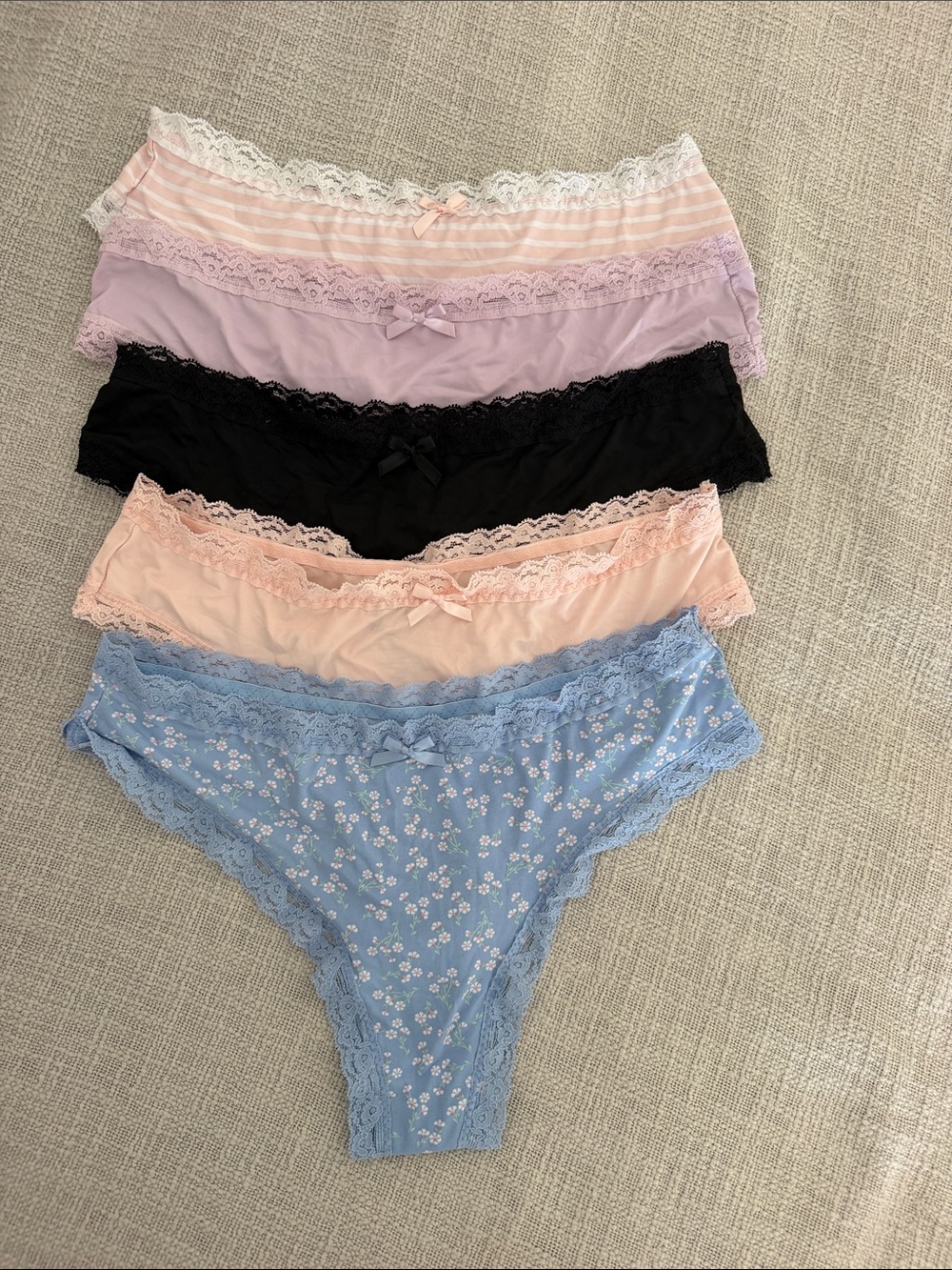 Honeydew Intimates Lace-Trim Bikini Set - Blue, Peach, Lilac, Black, Pink Stripe